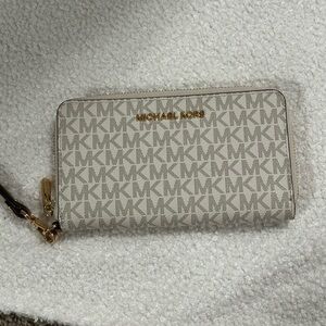 Michael Kors Cream Logo Zip-Around Wristlet Wallet with Gold Hardware